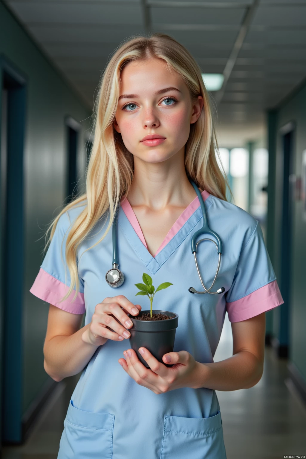 A healthcare professional in scrubs holds a small potted plant in a hallway.