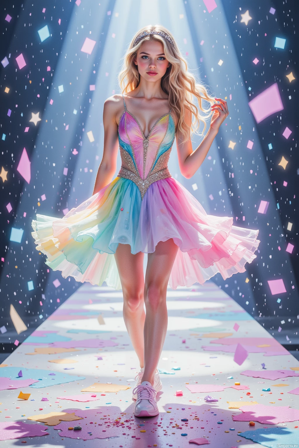 A woman in a colorful, sparkly dress stands on a confetti-covered floor with beams of light shining down.