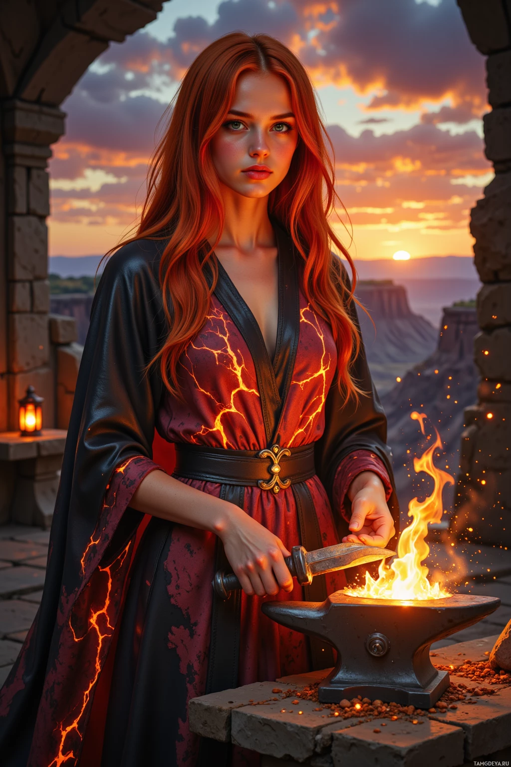A woman in a leather robe stands beside an anvil, holding a glowing object over a fire.