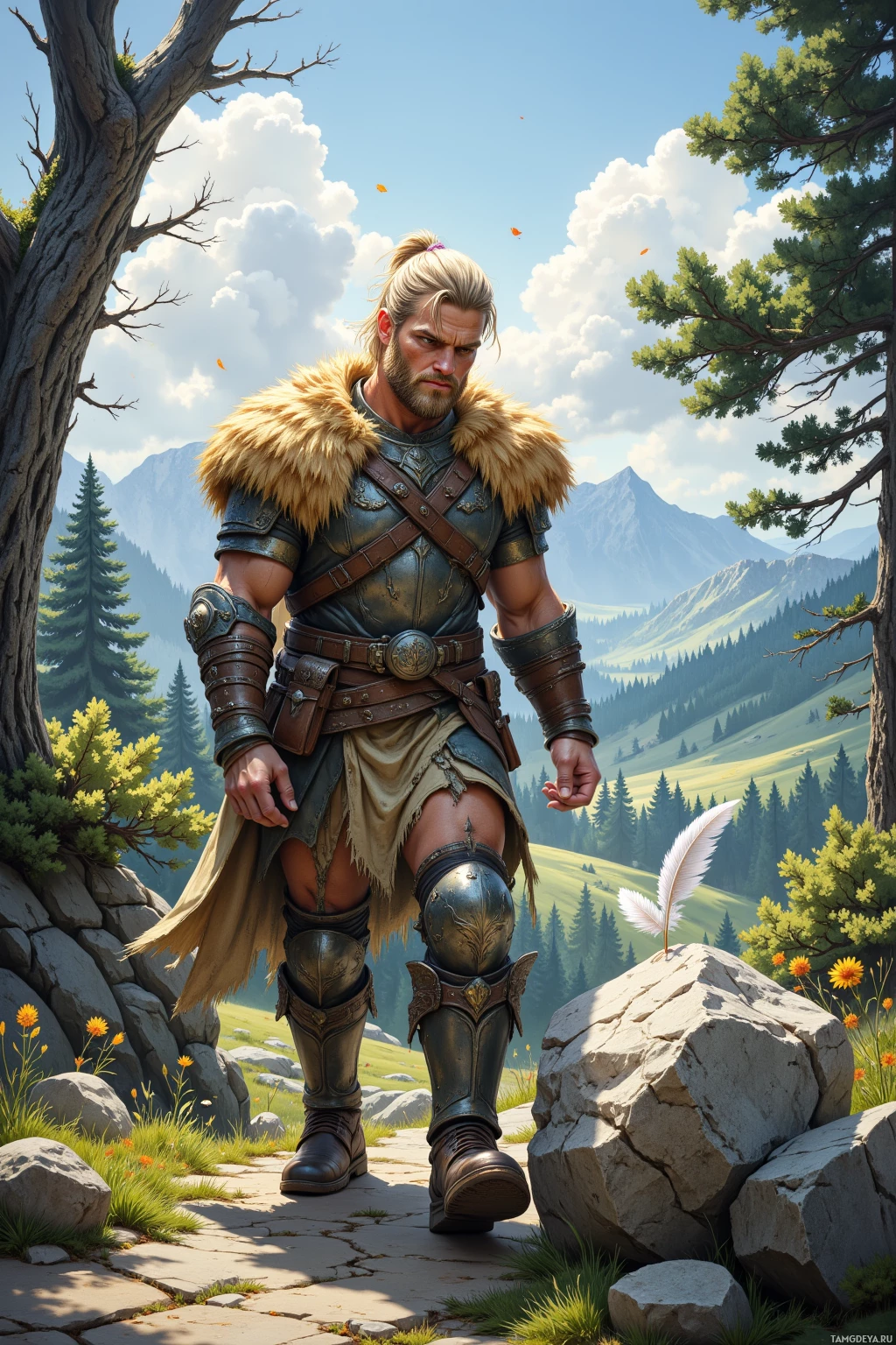 A warrior in armor stands in a scenic mountain landscape.