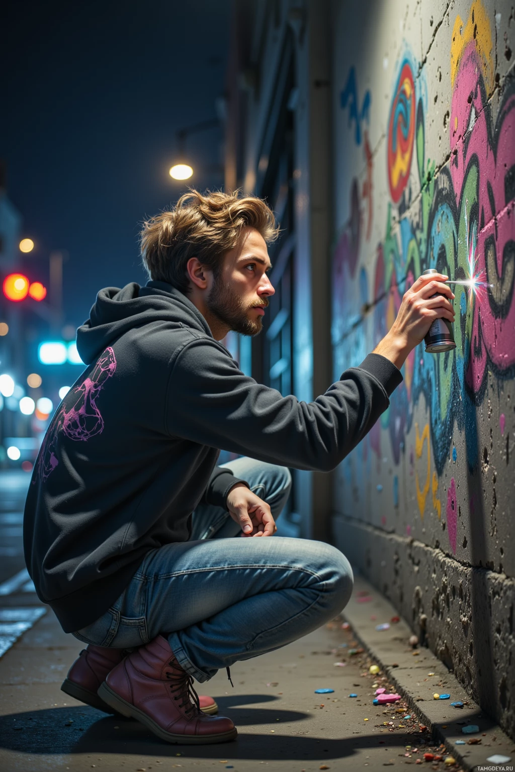 A person crouches on a sidewalk, holding a spray can, with graffiti on a wall in the background.