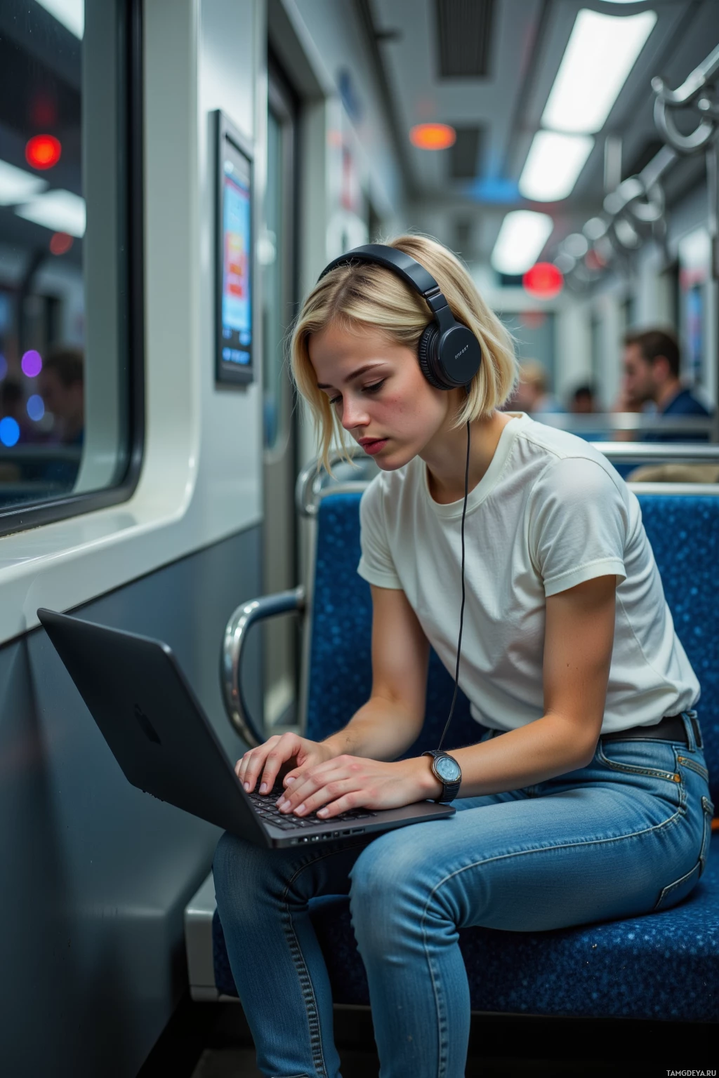 A woman wearing headphones works on a laptop while sitting on a train.