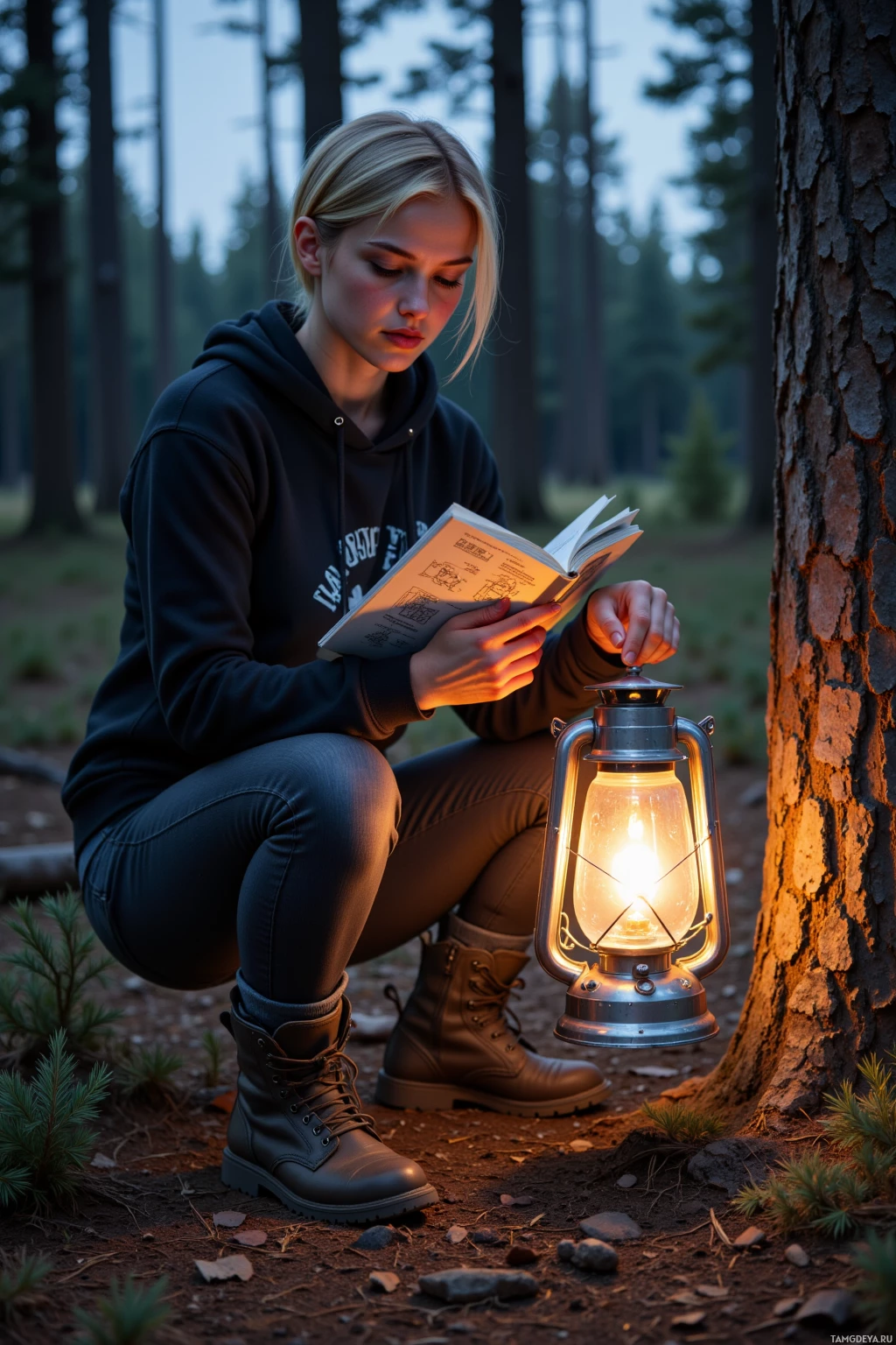 A person crouches in a forest, reading a book by the light of a lantern.