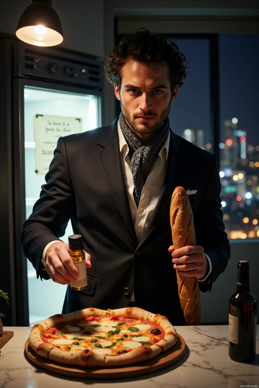 A man in a suit holds a bottle and a baguette, with a pizza and a bottle of wine on a table.