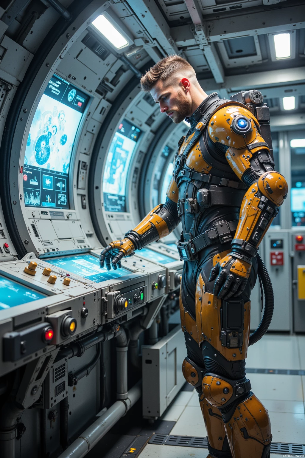 A person in a futuristic, armored suit stands inside a high-tech spacecraft, interacting with a control panel.