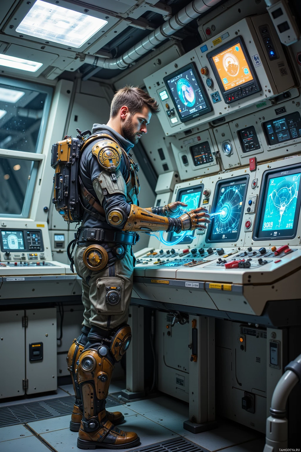 A person in a futuristic outfit stands in a high-tech control room, interacting with a glowing interface.