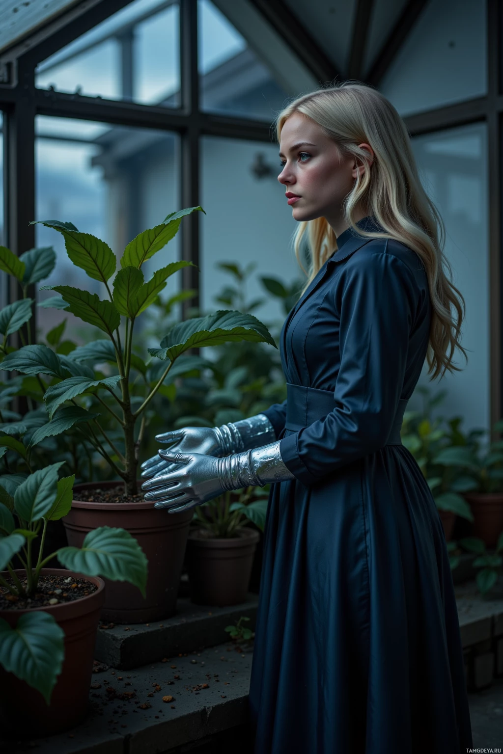 A woman in a dark dress and metallic gloves stands in a greenhouse, gazing at a potted plant.
