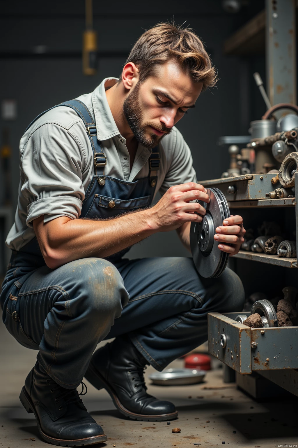 A man in overalls is working on a mechanical part in a workshop.