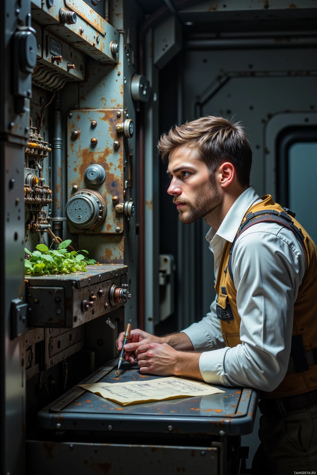 A man in a white shirt and brown vest is writing on a piece of paper while leaning on a rusted metal panel.