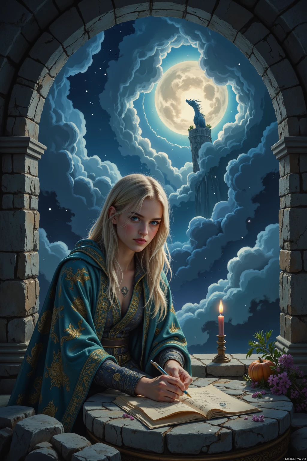 A woman in a blue robe writes in a book under a night sky with a full moon and a dragon on a tower.