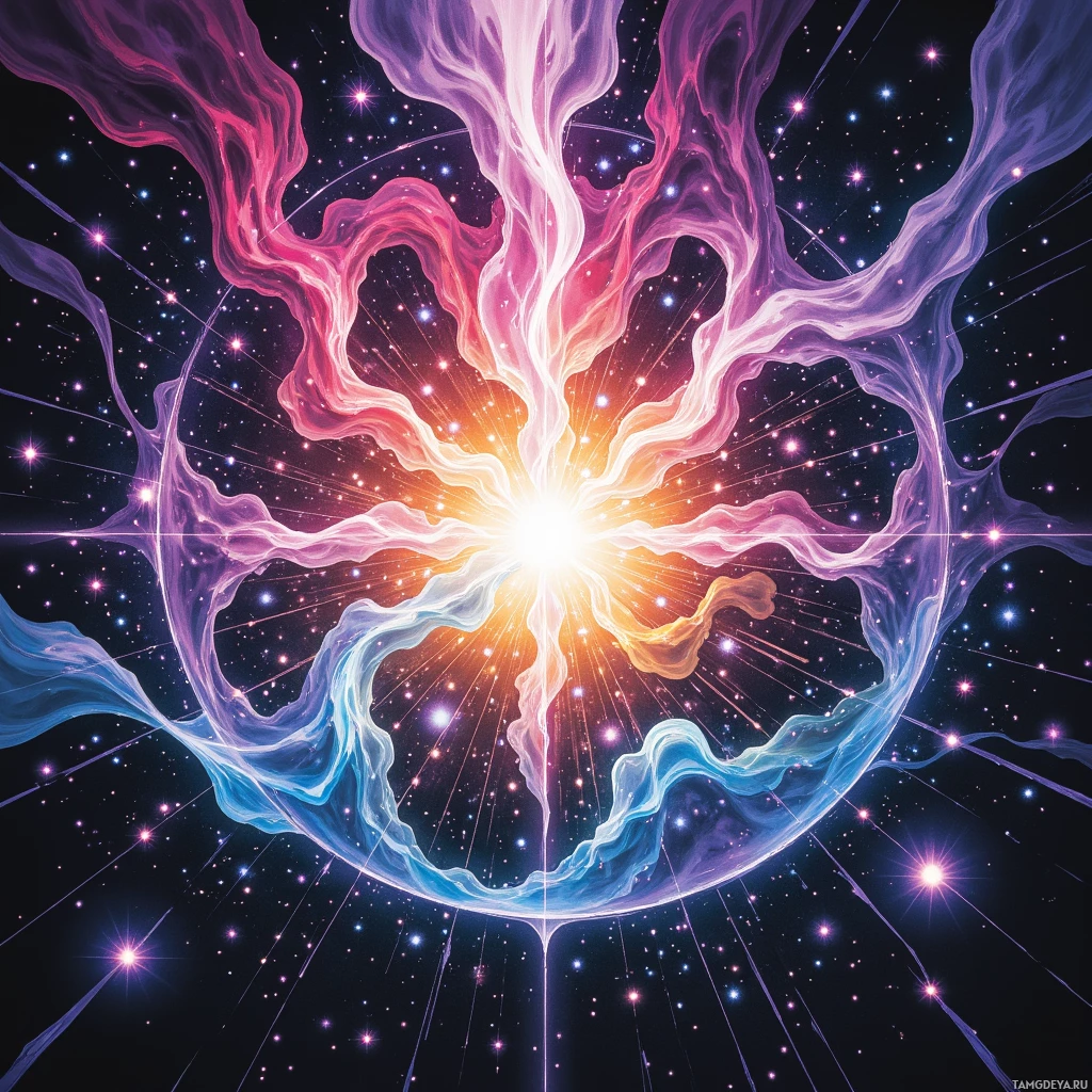 A vibrant cosmic scene featuring swirling nebulae and starlight.