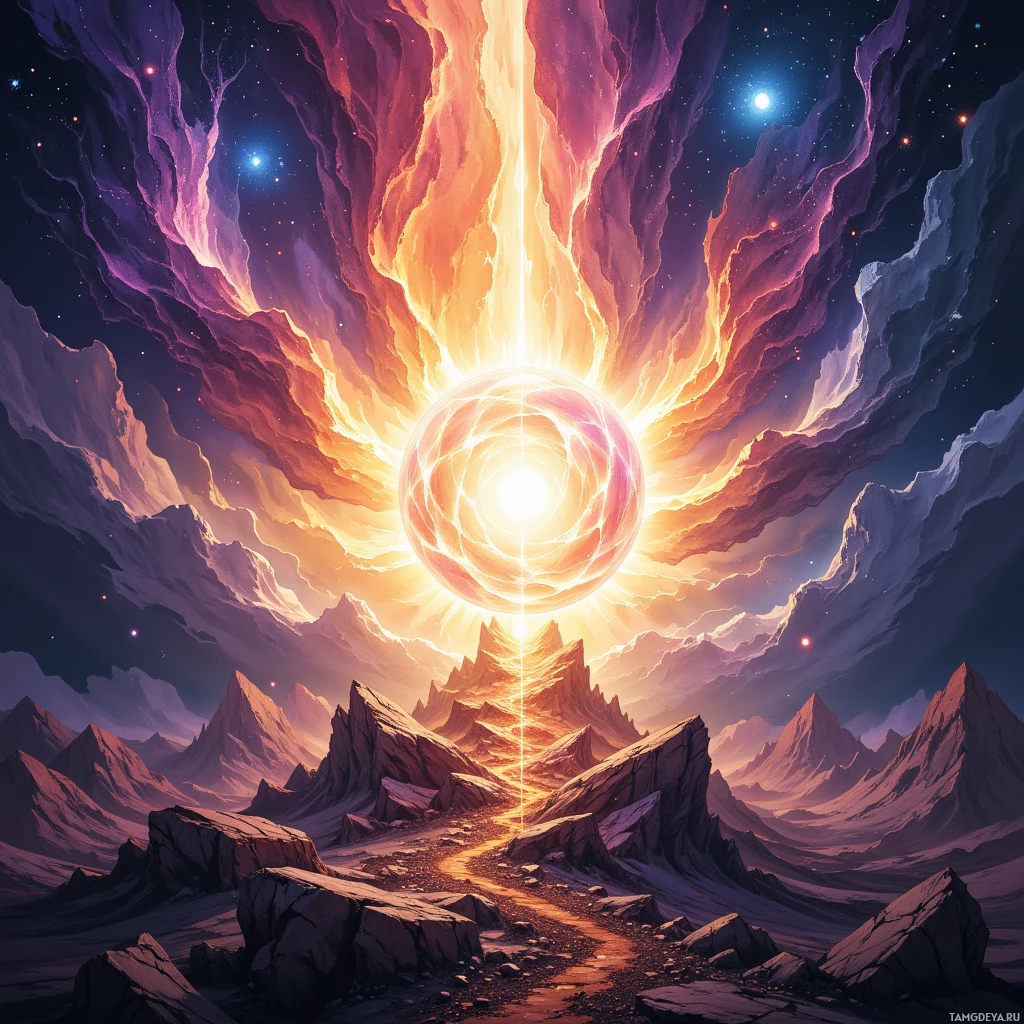 A vibrant cosmic scene featuring a glowing portal amidst a starry sky and rugged mountainous terrain.