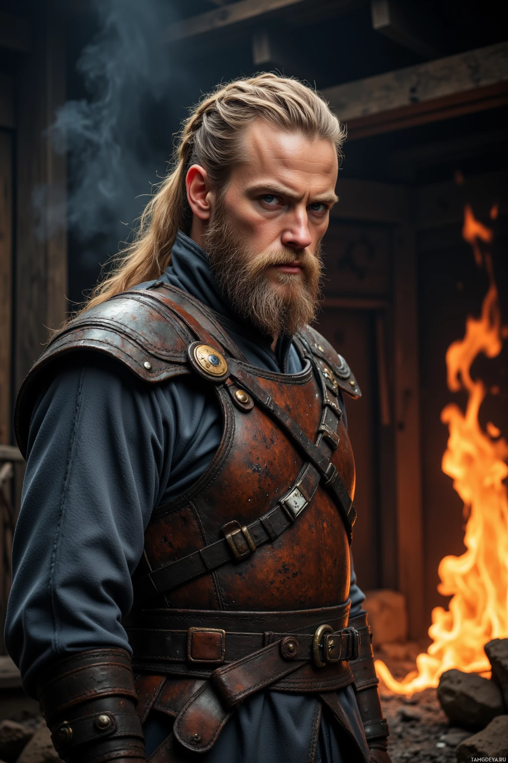 A man in medieval-style armor stands near a fire.