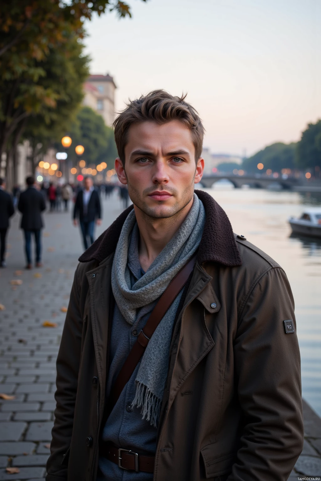 A man stands on a cobblestone path near a river, wearing a brown jacket and scarf, with a cityscape in the background.