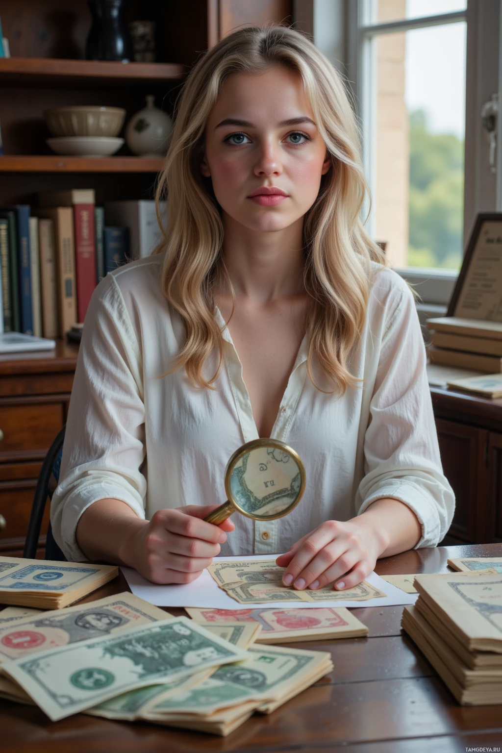A person examines old currency with a magnifying glass in a study setting.