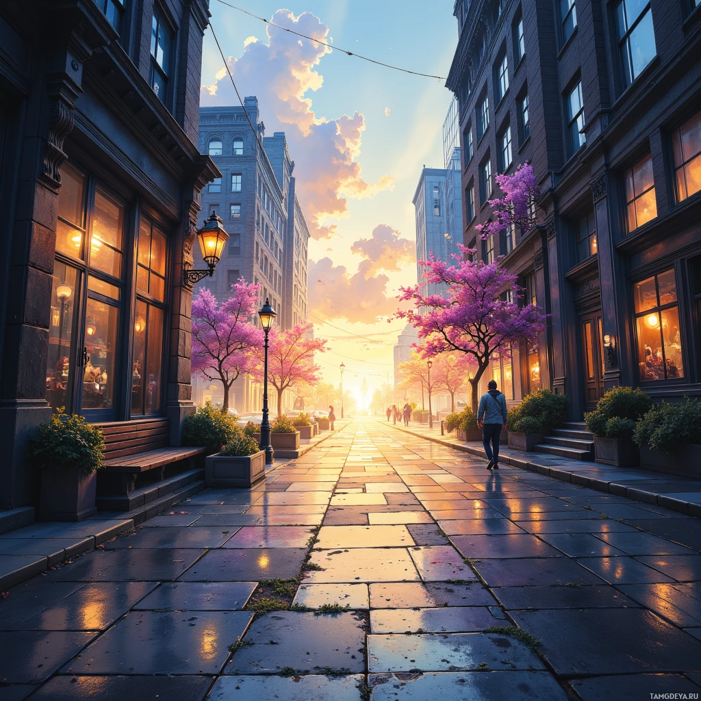 A serene urban street scene with pink blossoming trees, a person walking, and warm sunlight reflecting off wet pavement.