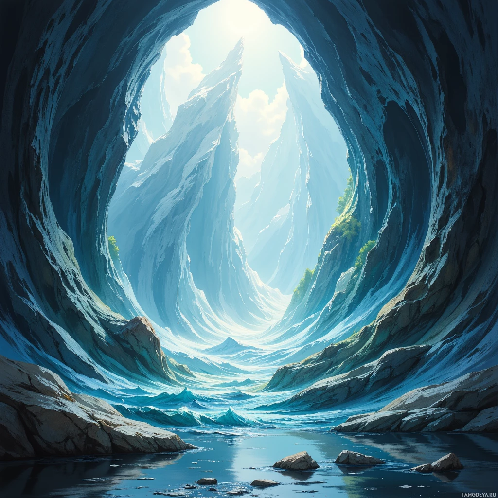 A serene cave opening reveals a bright, sunlit mountain landscape.