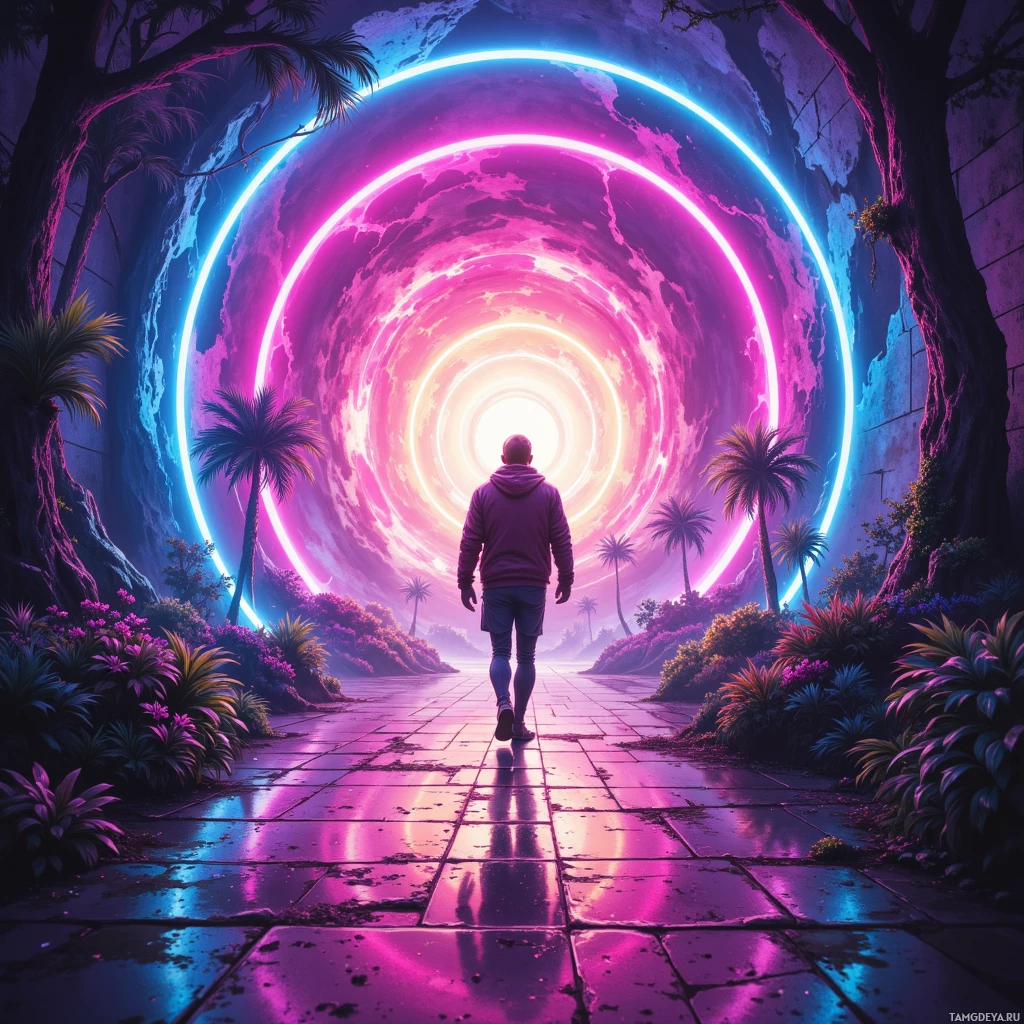 A person walks down a glowing, neon-lit path leading into a vibrant, futuristic tunnel.