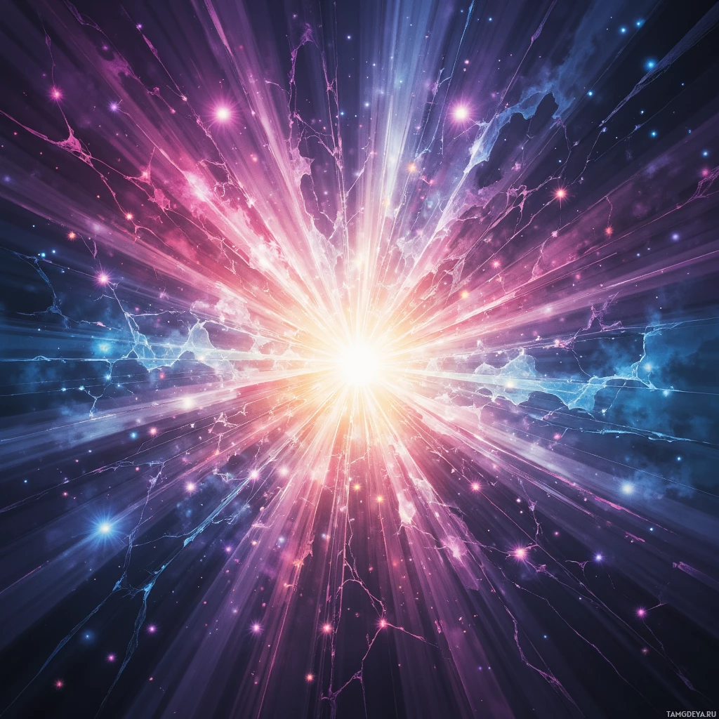 A vibrant cosmic explosion with radiant beams and scattered stars.