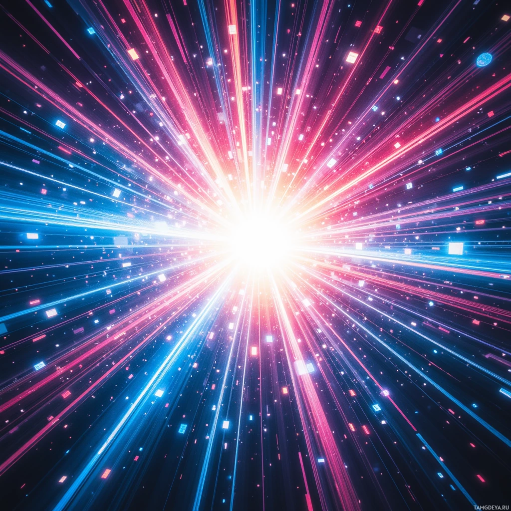 A vibrant, abstract image featuring radiating light streaks in blue and pink hues against a dark background.