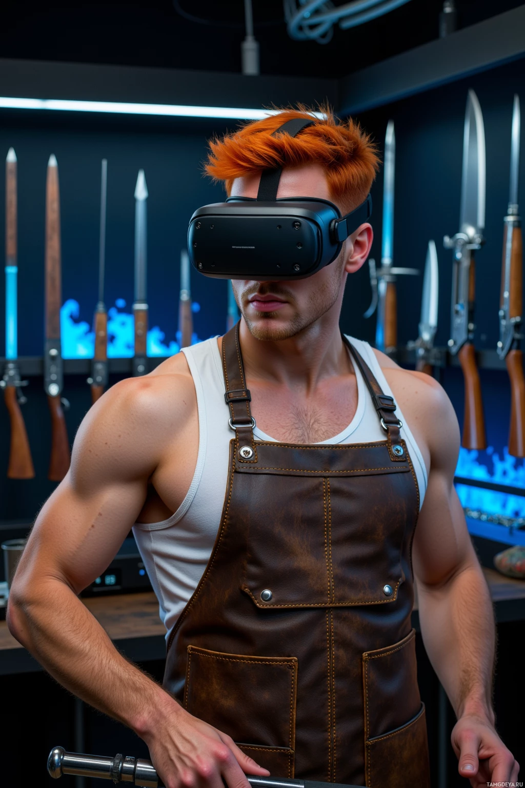 A muscular individual wearing a white tank top and brown leather apron stands in a room with knives displayed on the wall, using a VR headset.