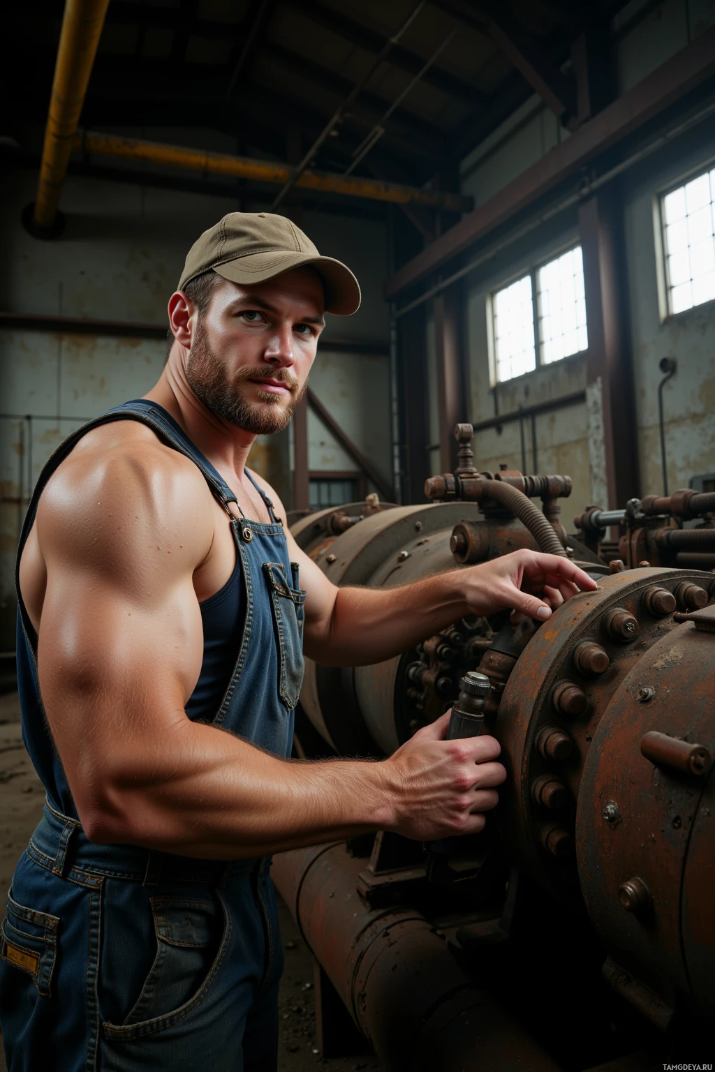 A muscular man in overalls and a cap stands in a rustic workshop, operating machinery.