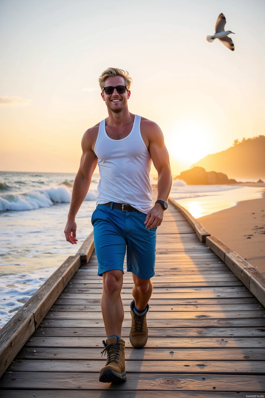 A man in a white tank top and blue shorts walks along a wooden pier at sunset.