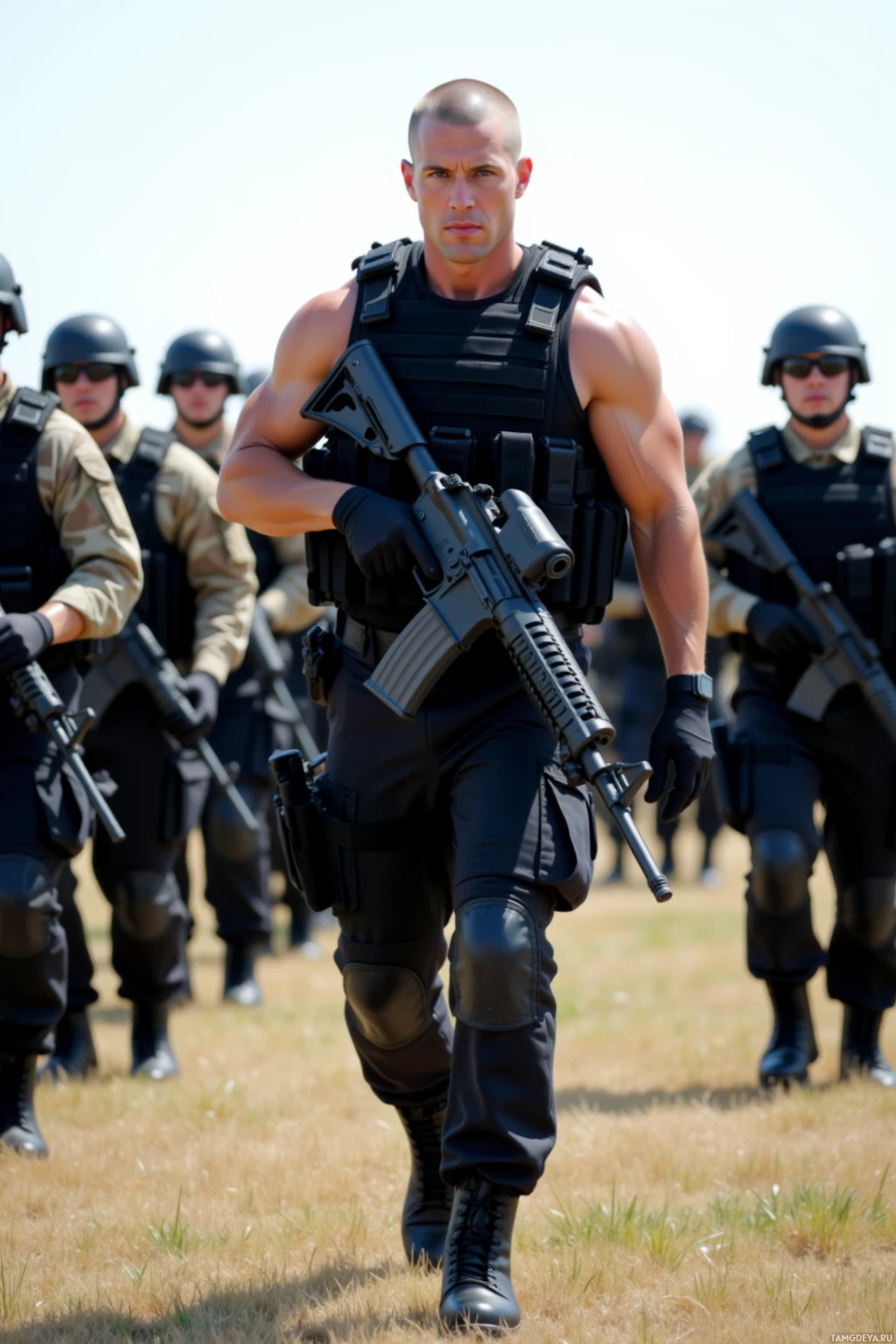 A soldier in tactical gear walks forward with a squad behind him.