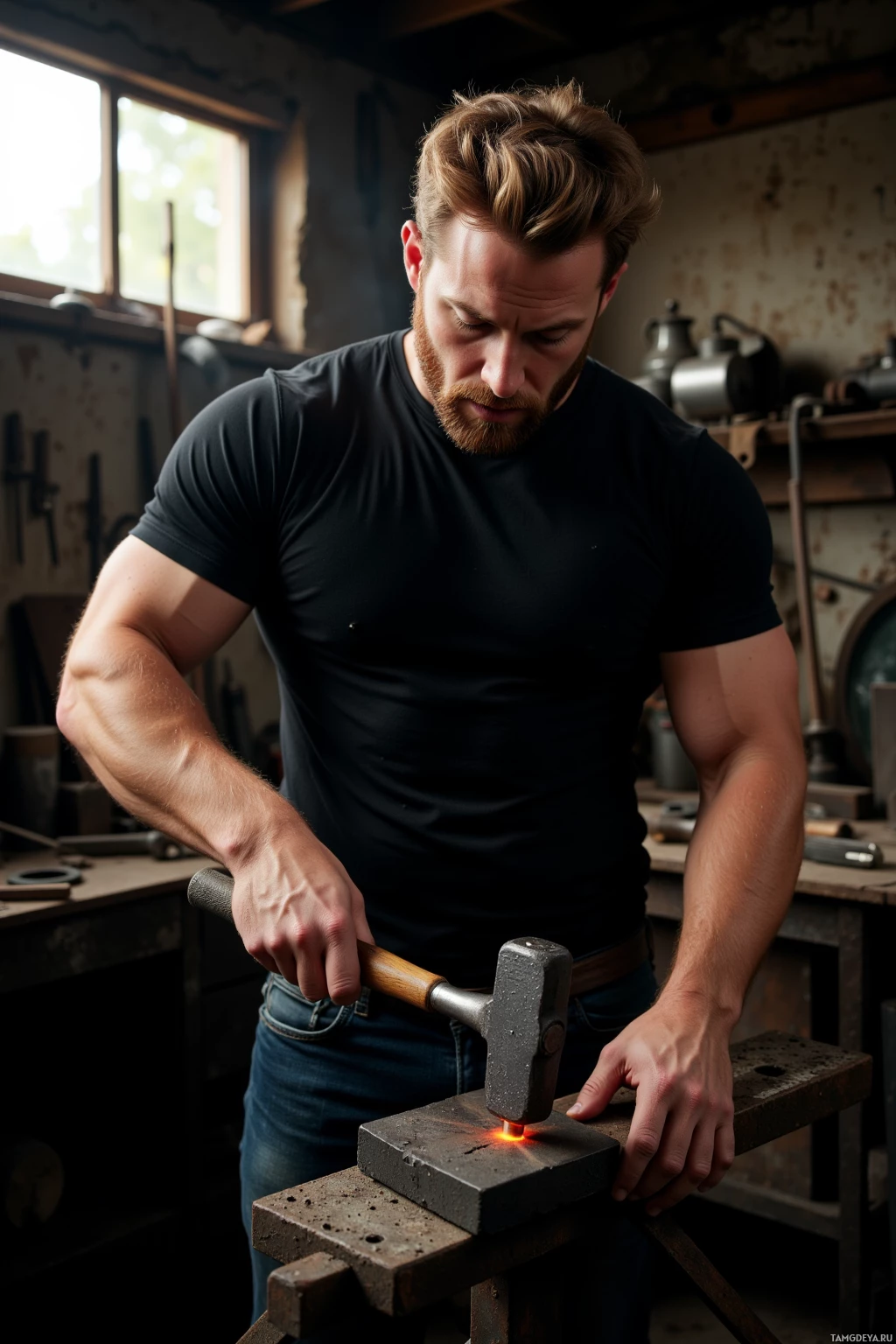 A man in a workshop hammers a glowing metal object on an anvil.