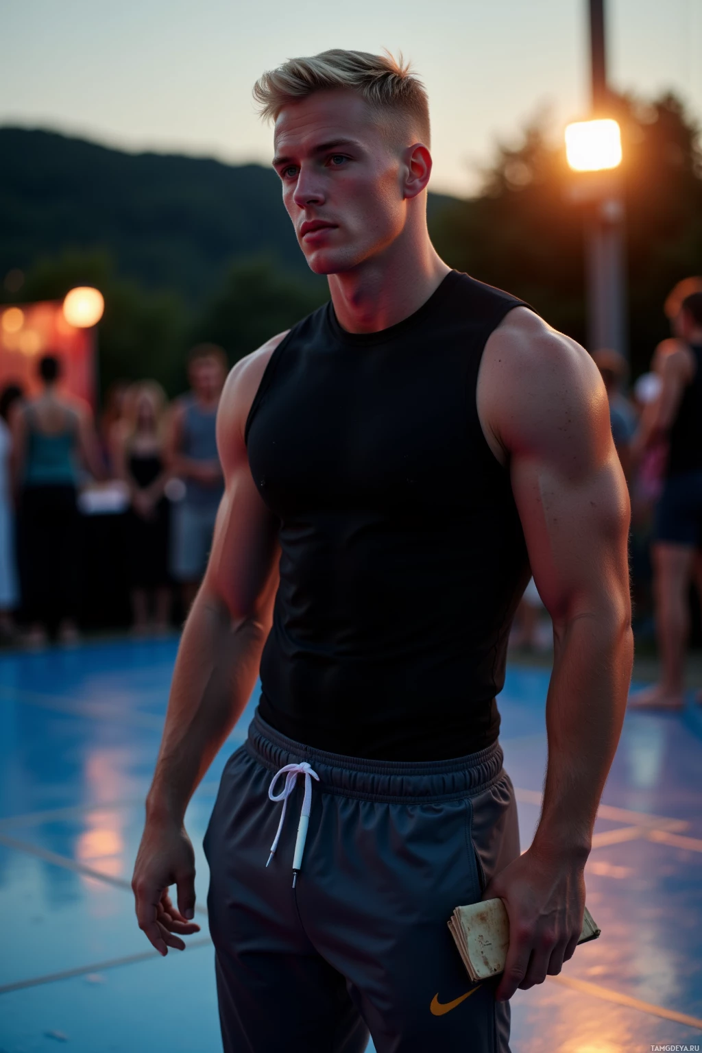 A muscular man in a black tank top and gray athletic pants stands on a court at dusk.