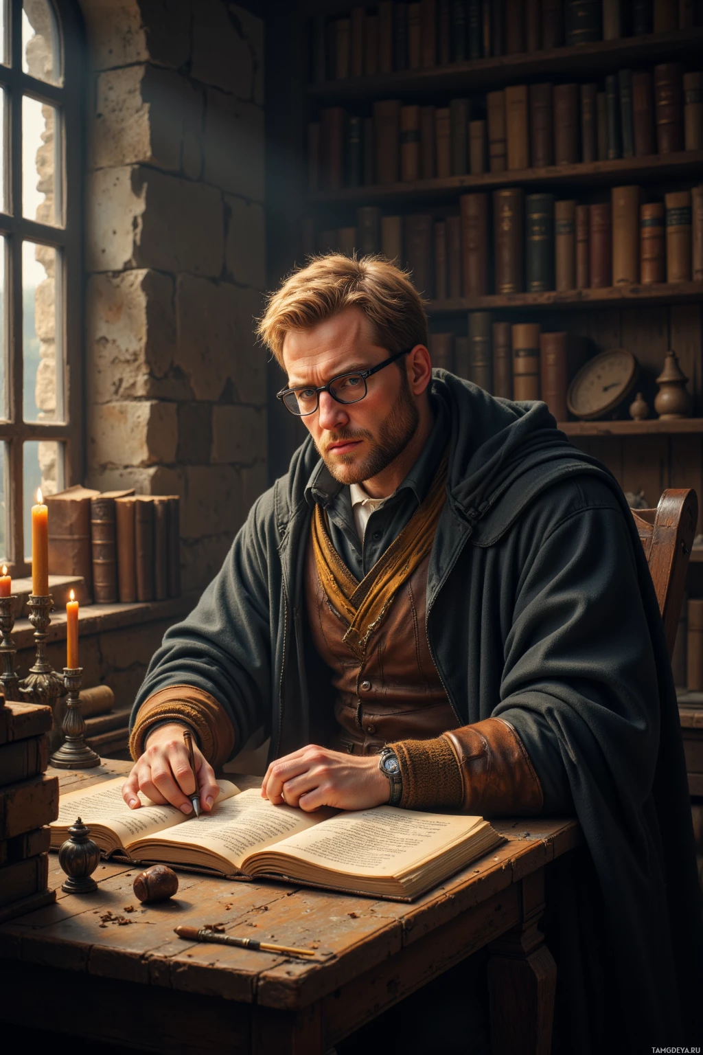 A man in a historical setting, wearing glasses and a robe, sits at a desk with an open book, surrounded by books and candles.