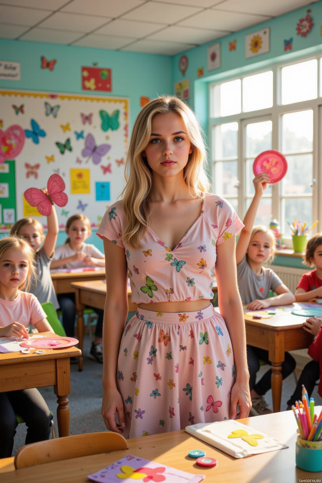 A woman stands in a classroom with children seated at desks, wearing a pink dress with butterfly patterns.