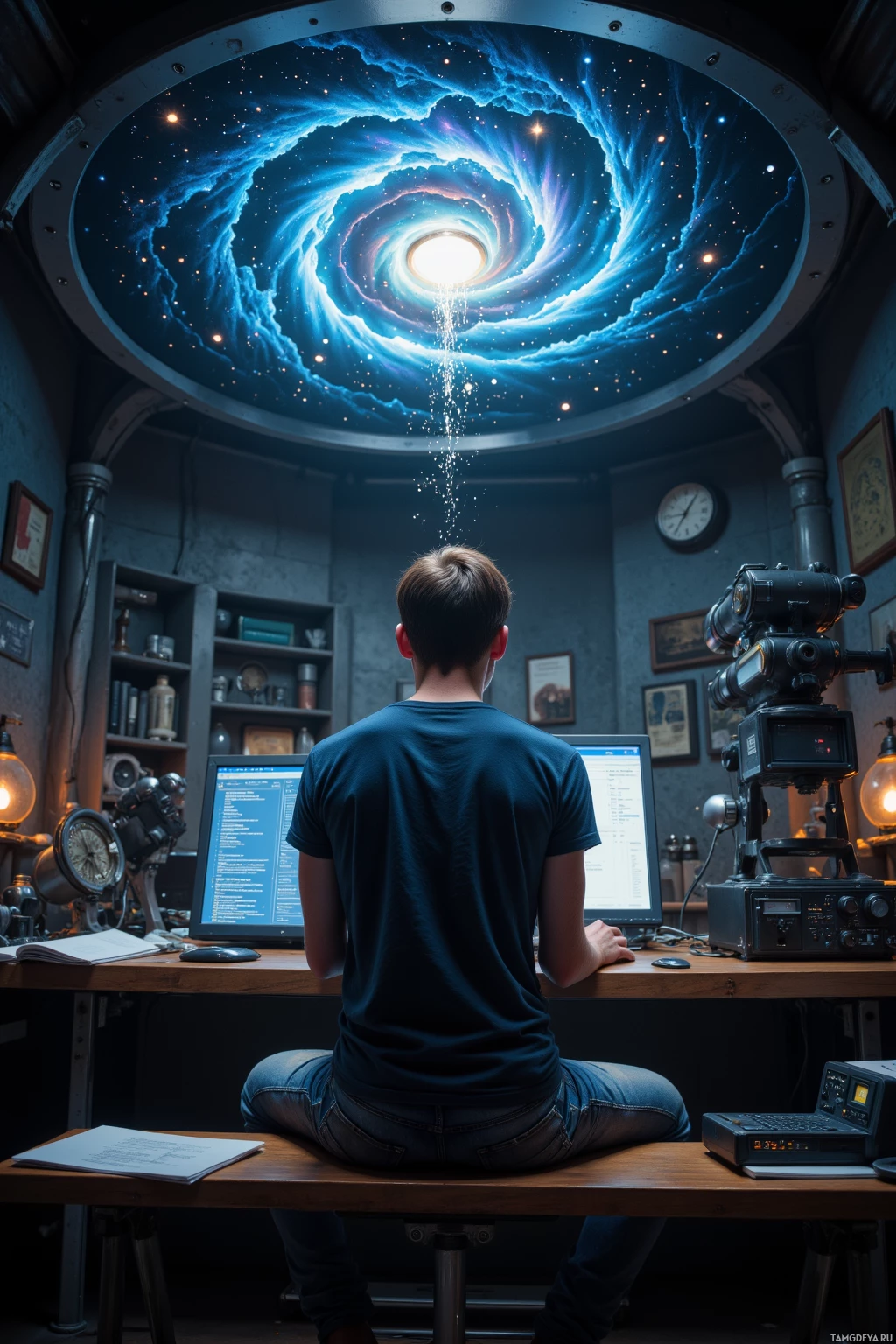 A person sits at a desk in a room with a cosmic-themed ceiling, working on a computer.