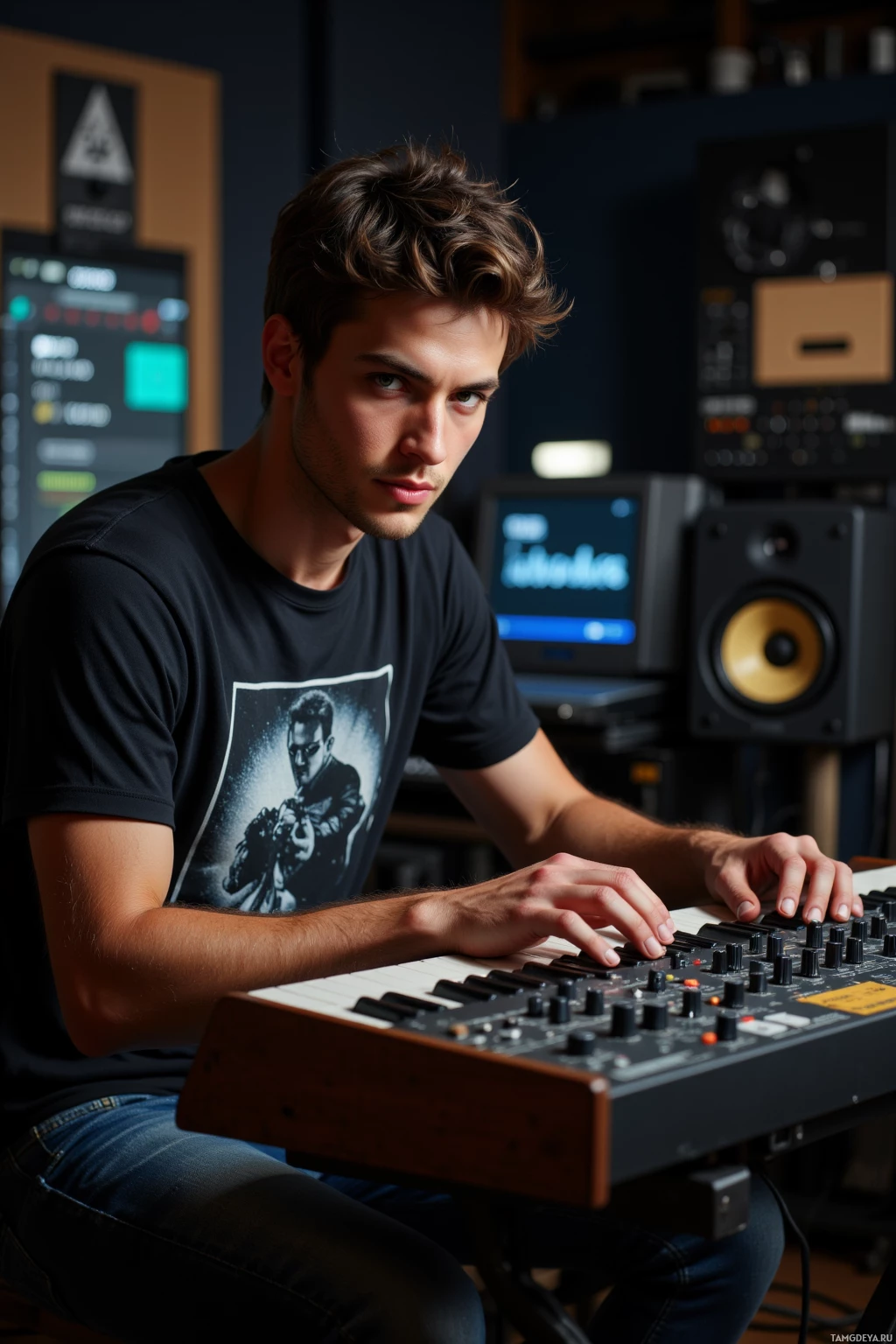 A person is seated in a studio, playing a keyboard.