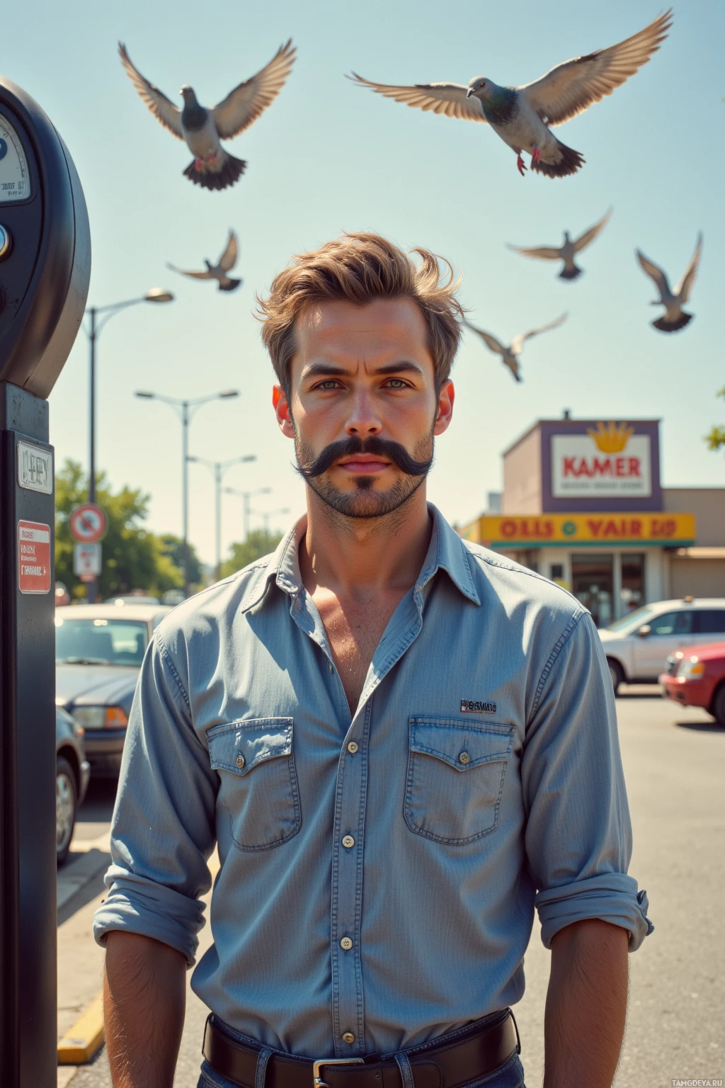 A man with a mustache stands in a parking lot with pigeons flying overhead.