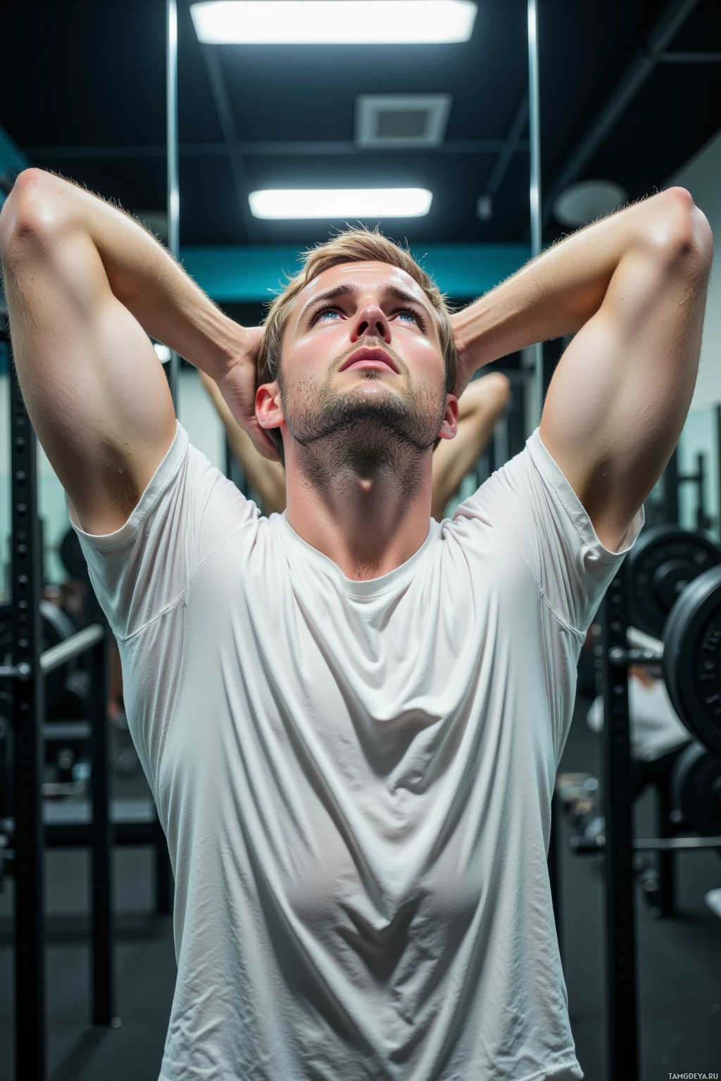 A man in a gym wearing a white t-shirt, stretching his arms above his head.