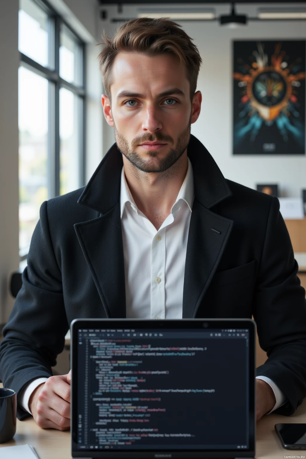 A man in a suit sits at a desk with a laptop displaying code.