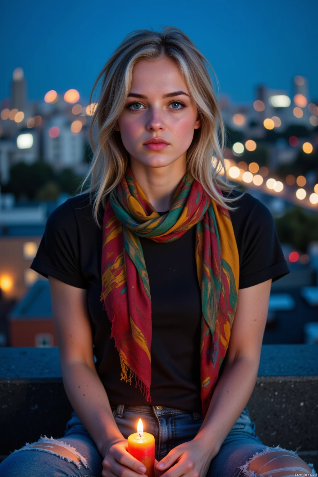 A person sits on a rooftop at dusk, holding a lit candle, with a cityscape in the background.