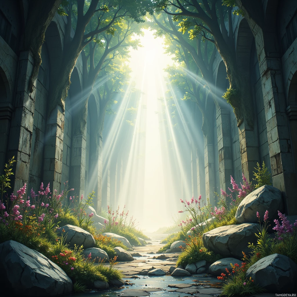 A serene forest path lined with ancient stone arches, bathed in golden sunlight filtering through the trees.