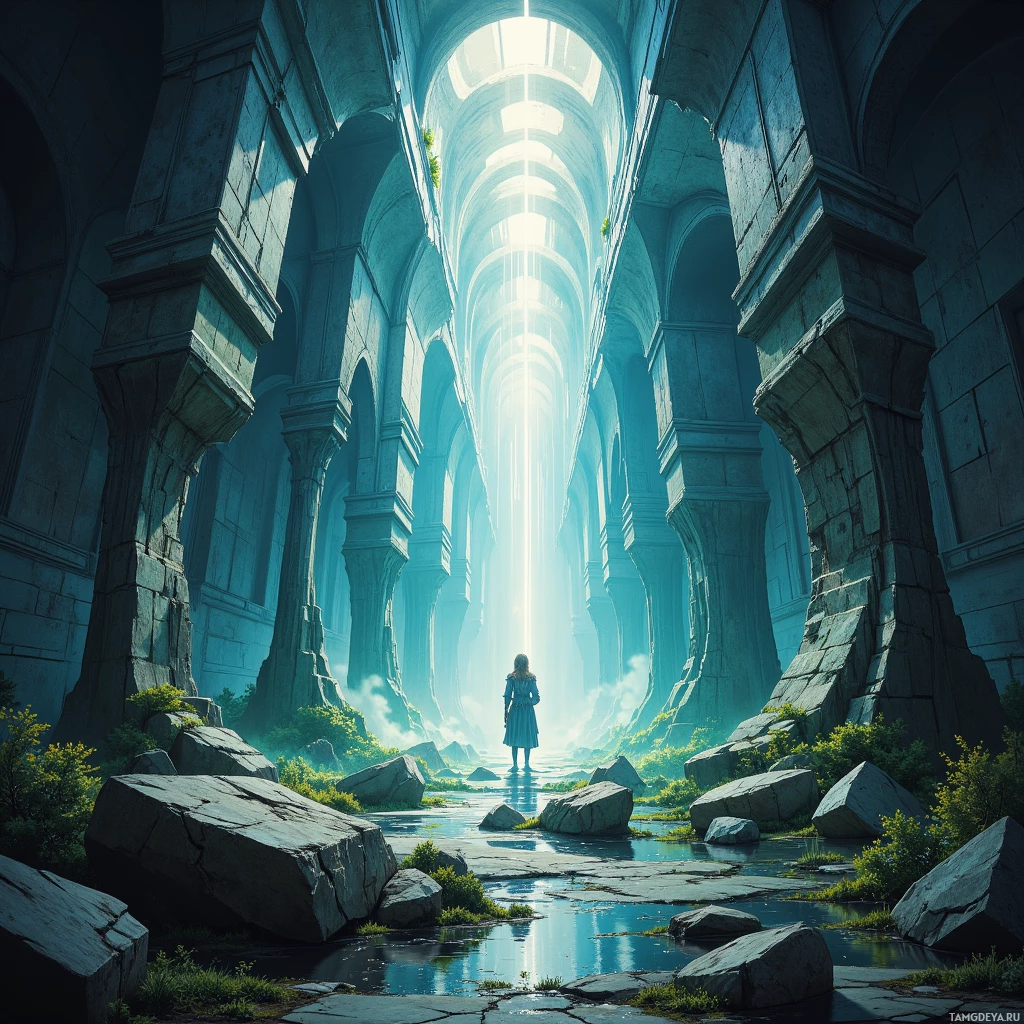 A person stands at the entrance of a grand, ancient stone corridor bathed in ethereal light.