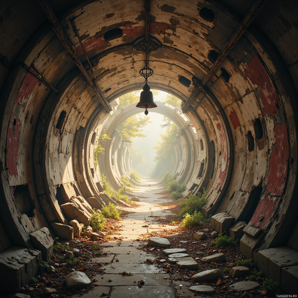 An old, dilapidated tunnel with peeling paint and overgrown vegetation leading to a bright exit.