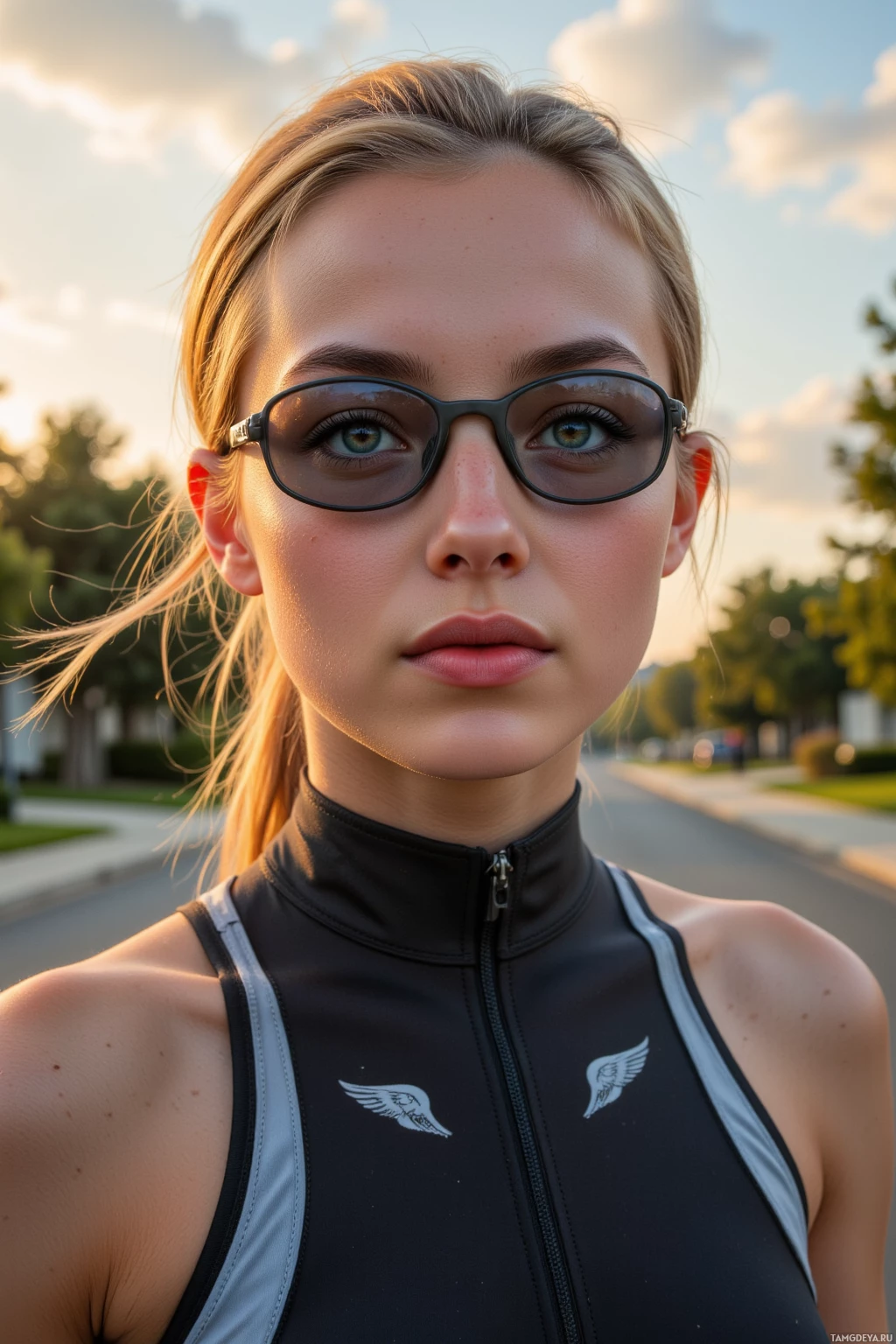 A person wearing glasses and a black athletic top with a wing logo stands outdoors with a blurred background.
