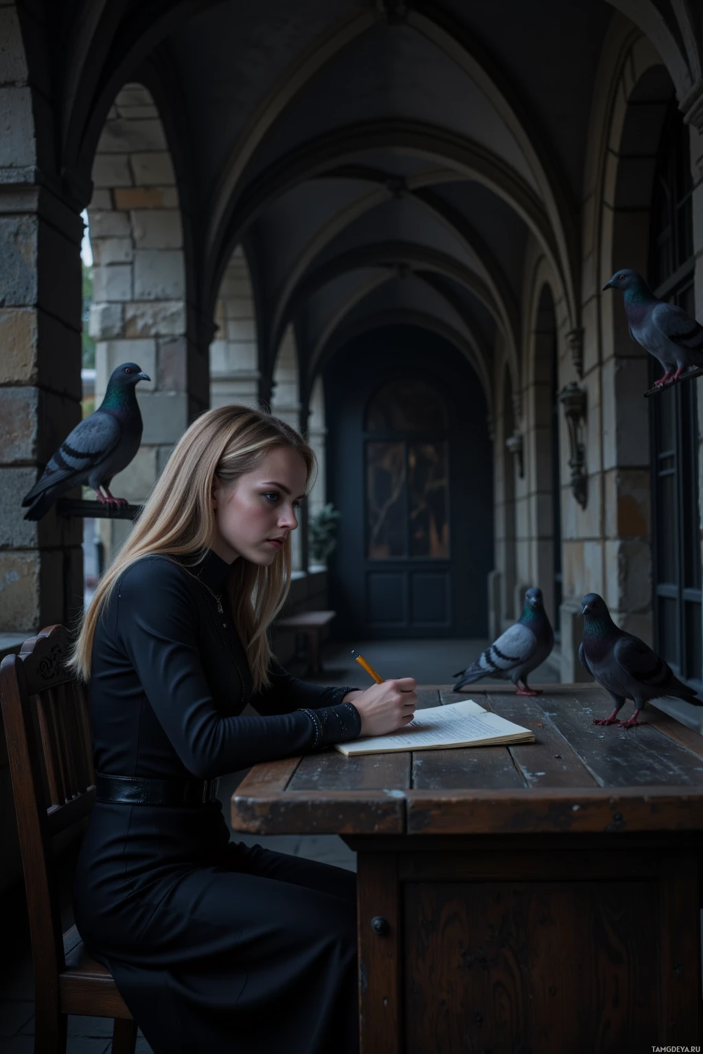 A woman sits at a table in a stone archway, writing in a notebook as pigeons perch nearby.