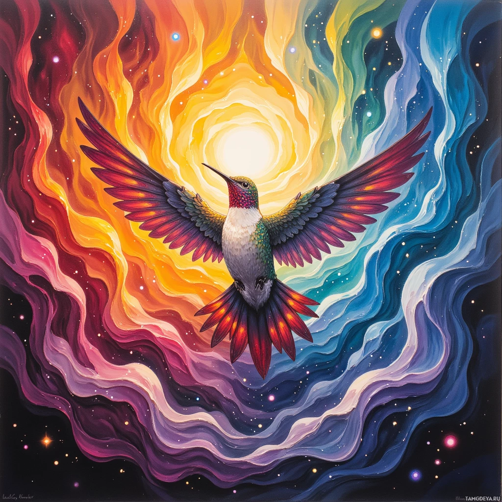 A vibrant painting of a hummingbird in flight against a cosmic, rainbow-hued background.