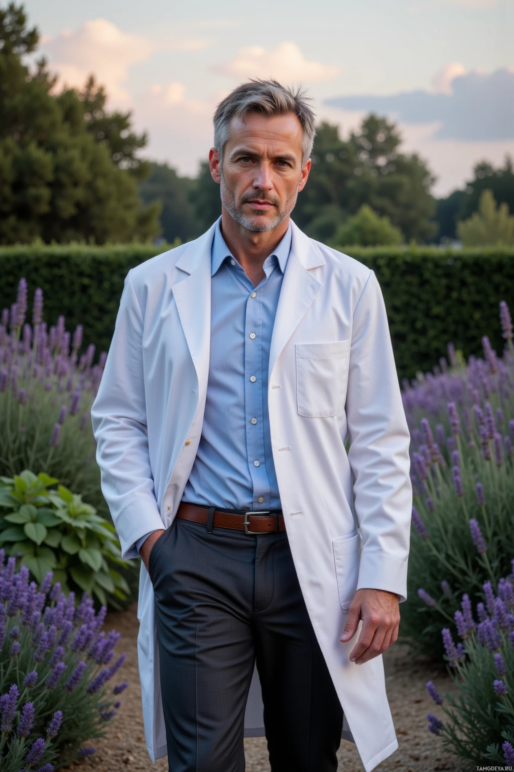 A man in a white lab coat stands in a garden with lavender.