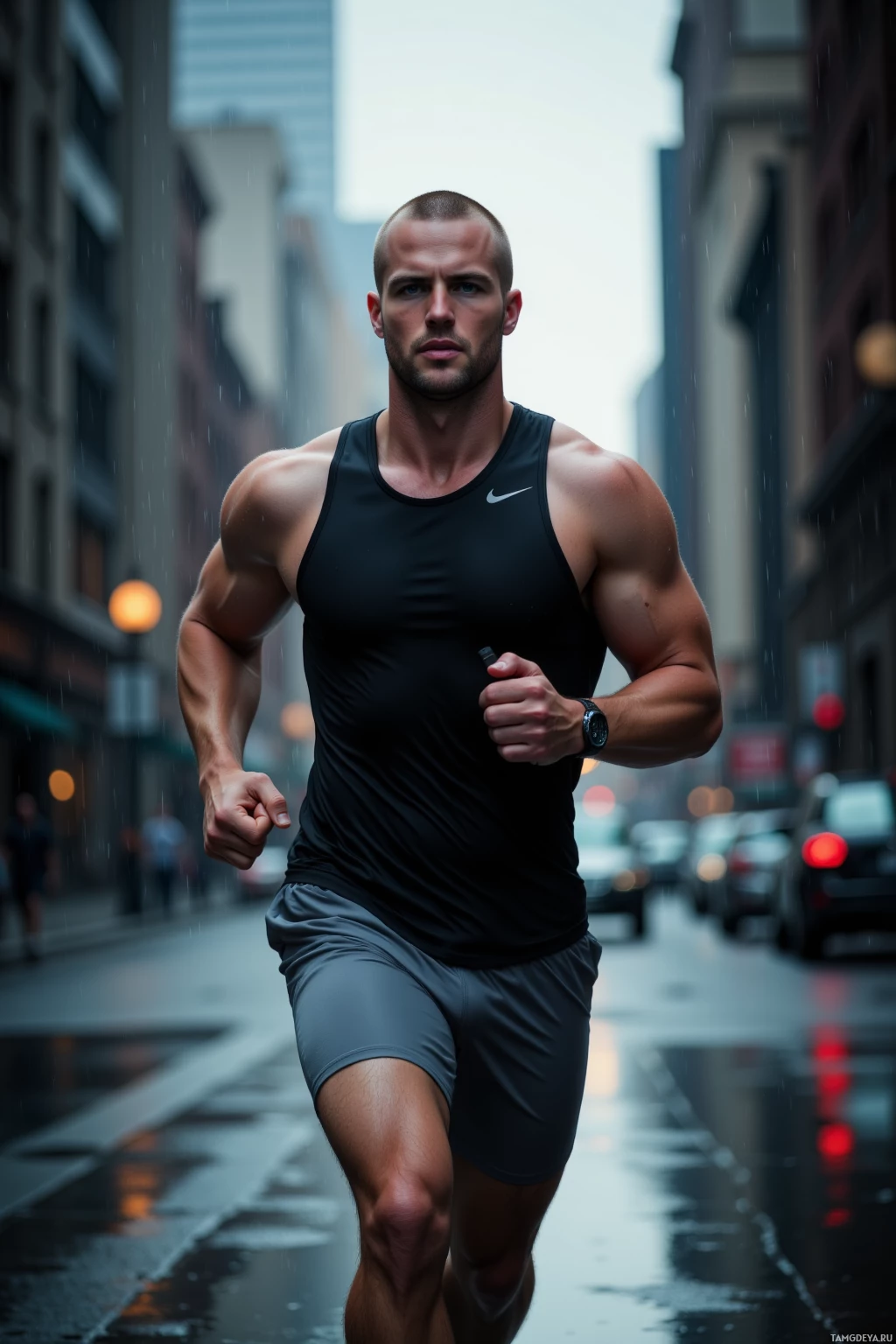 A muscular man in a black tank top and gray shorts runs on a wet city street.