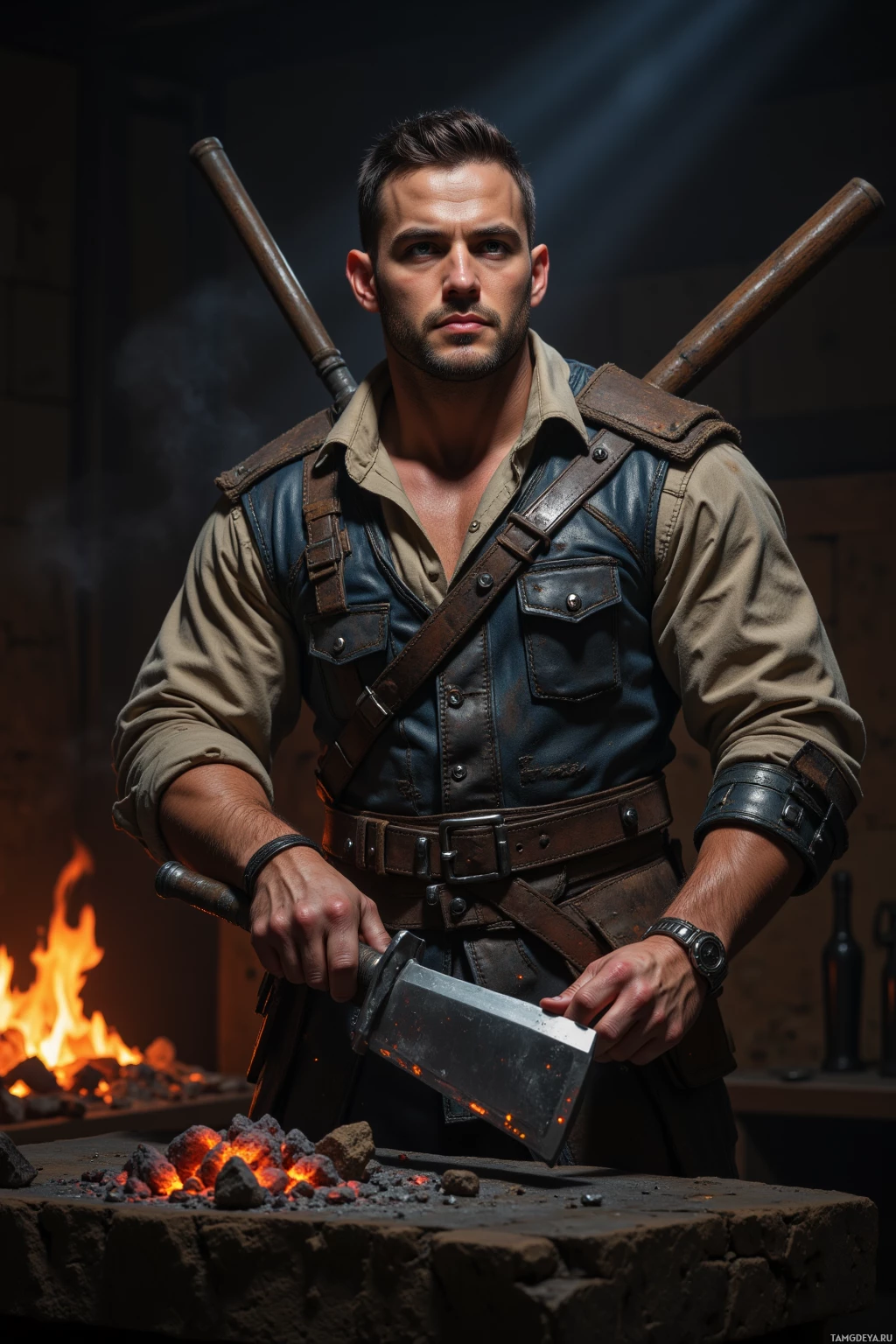 A man in a rugged outfit stands in a forge, holding a hammer over glowing coals.