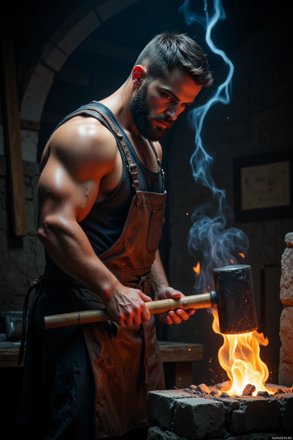 A muscular man in overalls holds a hammer over a forge with glowing embers.