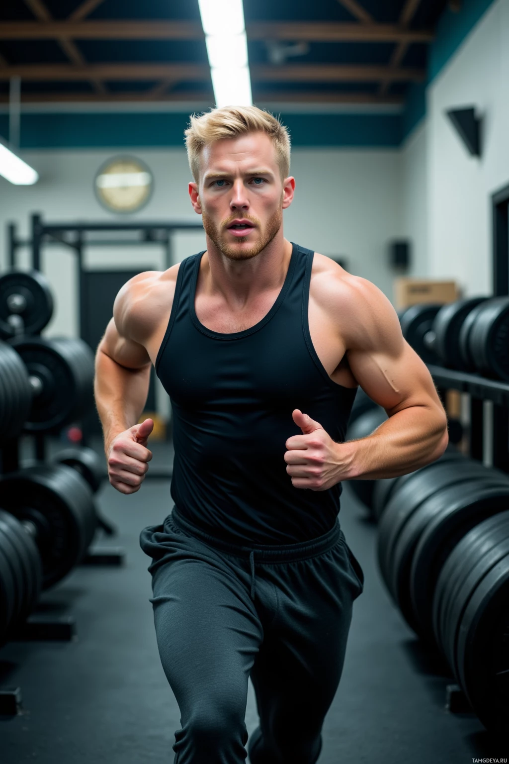 A muscular man in a gym wearing a black tank top and pants.