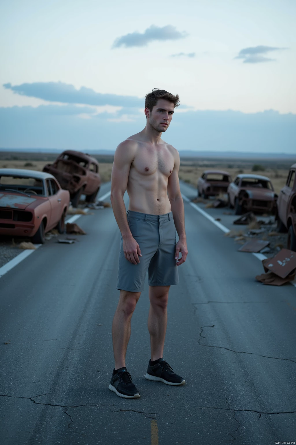 A shirtless man stands on a cracked road with rusted cars in the background.